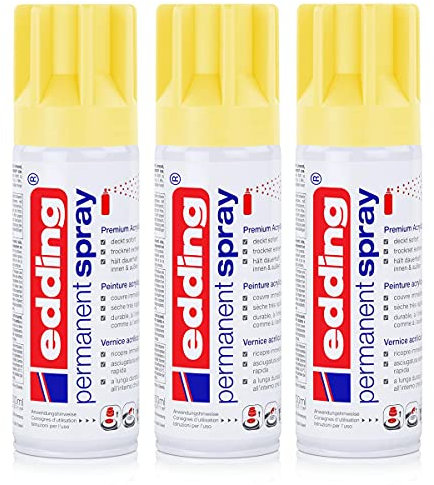 edding Permanent Spray Premium-Acryllack pastellgelb 200ml – seidenmatt – Sprühlack deckt sofort, trocknet extrem schnell und hält dauerhaft innen & außen, für Glas, Metall, Holz uvm. (3er Pack)