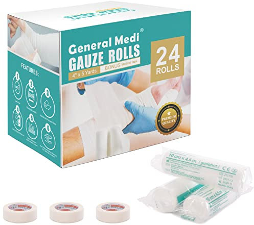 General Medi Mullbinden Rollen (24 Stück) - medizinischer Mullbinden und Dehnverbandwickel zum Verbinden aller Arten von Wunden (4” x 5 Yards)