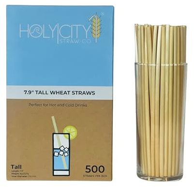 Holy City Straw Co. Premium Tall Wheat Stem Straws | 500ct. | 7.75 | Certified Compostable, 100% Plant-Based, Never Soggy, Gluten-Free | Sustainable Alternative to Plastic & Bioplastic Straws
