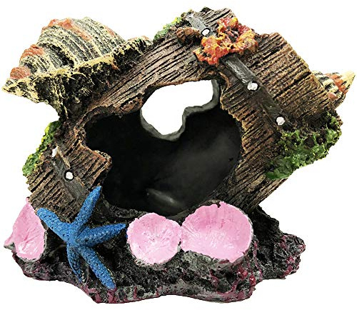 SLOCME Aquarium Broken Barrel with Conch Decorations - Betta Cave Hideout Fish Tank Barrel Ornament