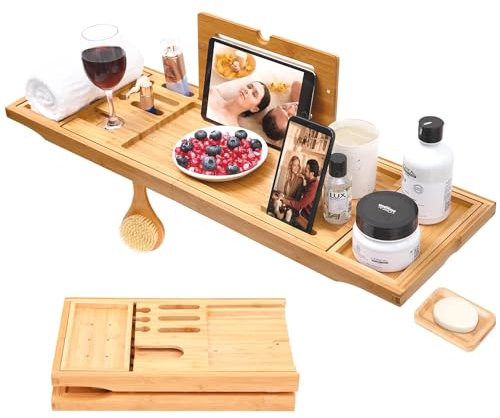 Badewannenablage, Ohuhu Ausziehbares Badewannentablett aus Bambus mit Seifenhalter Handy Halter, Rutschfestes Wannenablage Badewannenbrett, Tolles Geschenk für Freunde und Familie