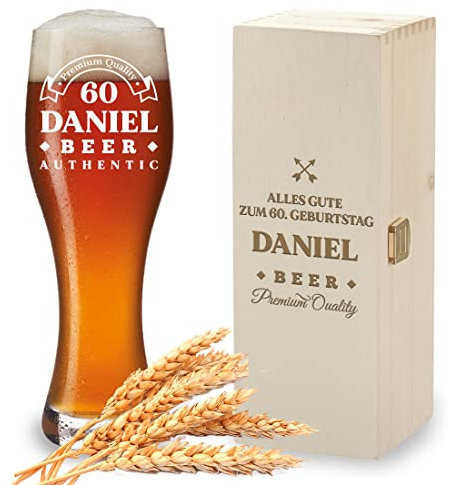 Cristal de cerveza de trigo + caja de madera con grabado personalizado. Diseño: todo feliz cumpleaños. Personalizado. 1 caja de madera. 1 vaso de cerveza blanca de 500 ml. Para bebedores de cerveza,