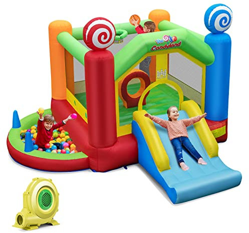 COSTWAY Castello Gonfiabile per Bambini, Con Scivolo, Trampolino e Canestro da Basket, 50 Palline Colorate e Soffiatore, Con Borsa di Trasporto e Kit di Riparazione, 385 x 355 x 245 cm