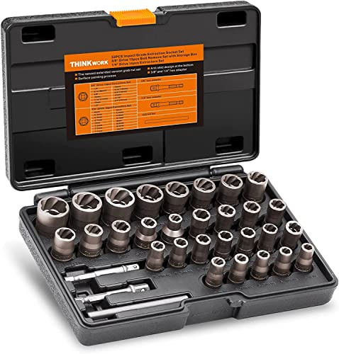 THINKWORK Bolt Extractor Set, 32 Pieces Impact Bolt & Nut Remover Set, Stripped Lug Nut Remover, Extraction Socket Set for Removing Damaged, Frozen, Rusted, Rounded-Off Bolts, Nuts & Screws (W6096)