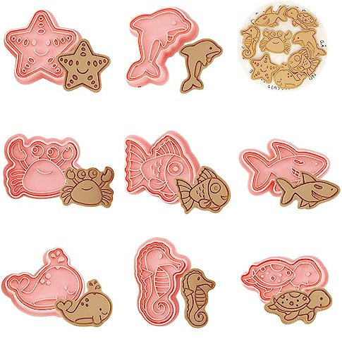 WishesMar Emporte-pièces en Forme de Océan Animal Lot de 8 Moule d'épices Kit Créatures Aquatiques Tampon à Biscuits pour la Cuisson, Fondant, Bricolage, Décoration Festive