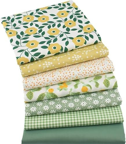 CraftsFabrics 7pcs Green Floral 100% Cotton 25x25cm Wide Fabric Squares for Quilting, Scrapbooking, Patchwork, DIY Projects
