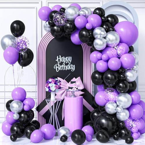 Ousuga Arche Ballons Noir Violet Argent,103Pièces Kit Guirlande Mat Ballon Noir Violet Métallisé Argent Confettis Hommes Femmes Mariage Anniversaire Nuptiale Douche Graduation Valentin Halloween Déco