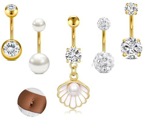 AVYRING 5 piercing per ombelico con diamante, perla, ciondolo a conchiglia, in acciaio inox 16 G, piercing per ombelico, gioielli da donna, Acciaio inossidabile