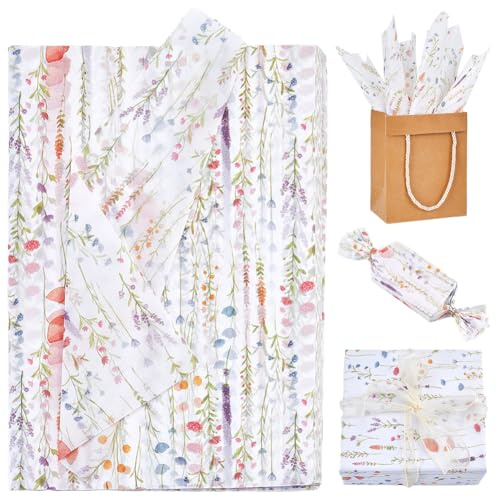 GORGECRAFT 100pcs Papier d'emballage Cadeau à Motif Floral Sauvage Aquarelle Vintage Coloré Fleurs Sauvages Papier de Soie Recyclable pour Bricolage Emballage Cadeau d'anniversaire de Mariage 50x35cm