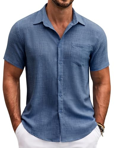 COOFANDY Chemise Homme Manches Courtes Été Légère Chemises Regular Fit Plage Loisirs Chemise d'Été avec Poches Bleu Marine L
