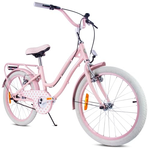 sun baby Heart Bike Vélo Fille 20 Pouces, Vélo Enfant Fille 6-10 Ans, 1 Vitesse, Freins V-Brake, Porte-Bagages, Béquille (Silver Moon - Rose)