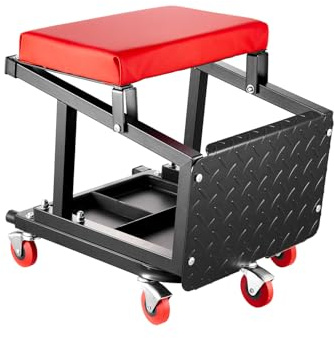 VEVOR Taburete Mecánico con Ruedas Carga de 136 kg Asiento de Garaje Giratorio de 360° Asiento de Escalón para Mecánico con Bandeja para Herramientas para Taller, Reparación de Automóviles, Negro