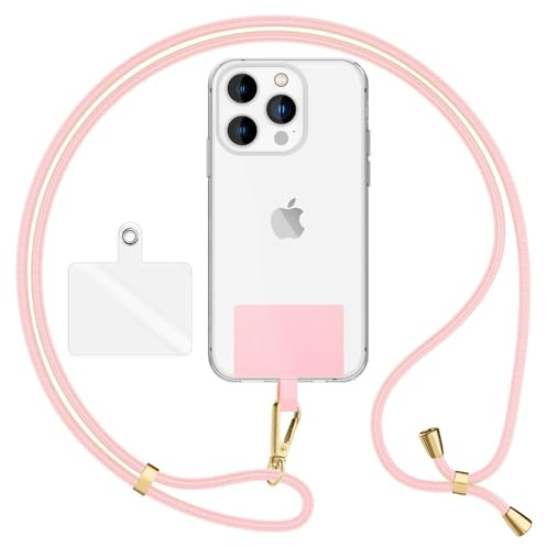 NALIA Universellt Mobilband till Smartphones - Robust Rep & 2 Patches - HOLDME AIR (Klassiskt Halsband med Guldfärgad Karbinhake) - Tyskt Märke, Färg:Pastellrosa