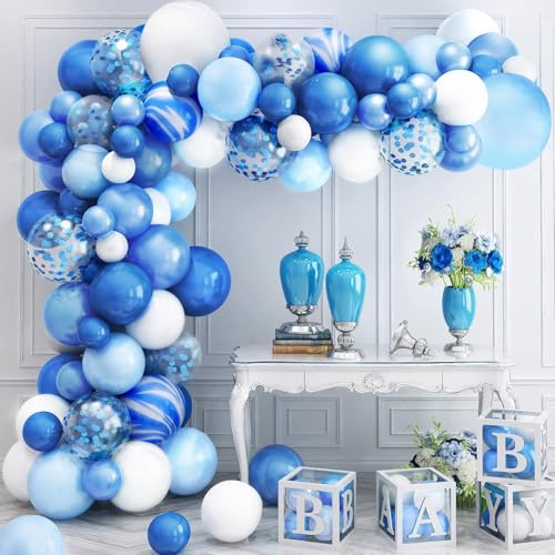 Zhiaek Kit Arco Globos Azul Blanco 100pcs Guirnalda de Globos Blanco con Globo de Confeti Azul con Cinta para Cumpleaños Fiesta Baby Shower Bodas Bautizo Decoración