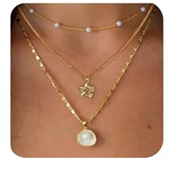 XFSRG 3Pcs Collana Oro Donna Collana con Conchiglie Perle Fiore Ciondolo Set Stile Bohémien Placcato in Oro 14K per la Spiaggia e Lestate (Oro 1)