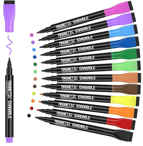 Jebeeynn Magnetisk whiteboard-märkpenna, 12 färger, magnetisk whiteboard, penna, 1 mm, fina whiteboardpennor, luktfattiga, foliepenna, avtorkbar, med suddgummi för skola, hem och kontor