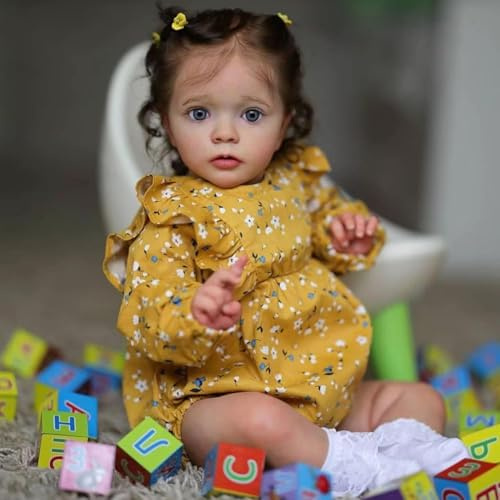 DOYSDJH Poupée Réaliste, 55 Cm Bebe Reborn Fille, Vinyle Silicone Poupée Reborn Realiste Garçons Filles Cadeau De Jouet Robe Jaune Fleurie Nouveau-né, pour Enfants 3 Ans Et Plus