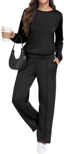 GRECERELLE Träningsoverall, joggingdräkt, dam, tvådelad outfits, tracksuit långärmad, ledig crew neck lediga toppar och joggingbyxor, träningsoveraller med fickor (svart, S)