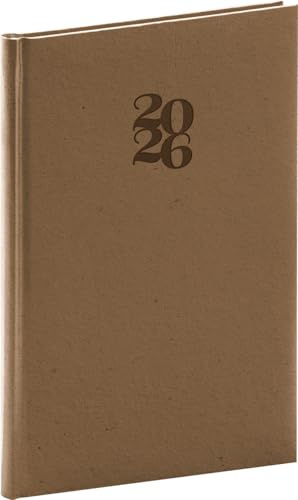 NOTIQUE Möteskalender 2026 ca A5 (15 x 21 cm), möteskalender med textilbokmärke, veckoplanerare, bokkalender, hård veckokalender (Essenza nöt)