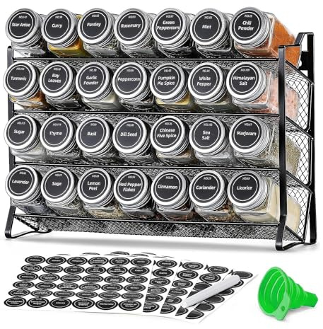 SEHAUSEU Étagère à épices debout et murale - Organiseur de cuisine avec 28 pots à épices et 180 étiquettes à épices - Organiseur pour cuisine, plan de travail, armoire, garde-manger