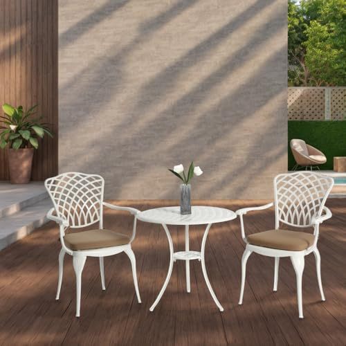 Elountik Outdoor Patio Bistro Set: 3-Piece Cast Aluminum Table and 2 Chairs with Cushion, Umbrella Hole, All-Weather Metal Furniture for Garden, White