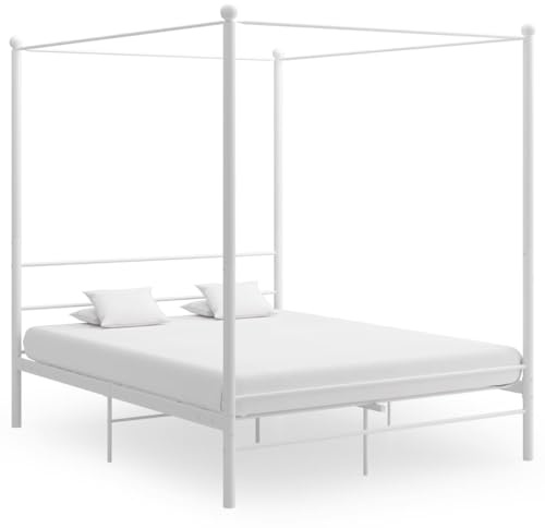 sephironlbb Himmelssäng vit metall, 160 x 200 cm, elegant Queen size, sängram med ribbotten, robust metallram för sovrum, inklusive sänggavel