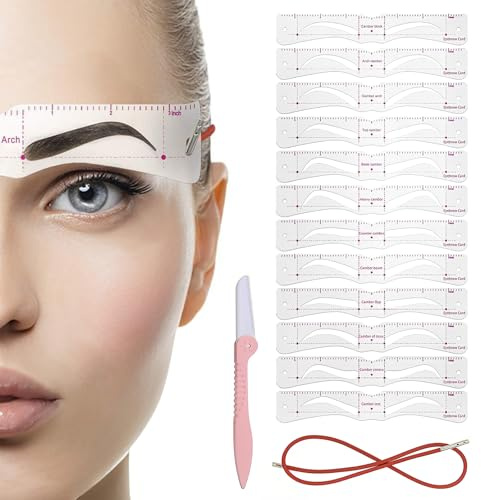 1 Set de plantillas para cejas con diadema ajustable, 12 formas de cejas reutilizables, para principiantes y profesionales, kit completo con recortador.