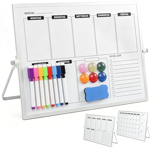 Dubbelsidig whiteboard med stativ, veckoplanerare månadsplanerare whiteboard magnetisk, 40 x 30 cm veckoplanerare avtorkningsbar inklusive 8 markörer, 6 magneter, 1 svamp (grå)