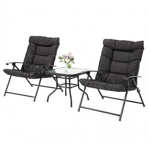 Mondeer Bistro Sets with 2 Foldable Cushioned Lounge for Garden | Tempered Glass Table, Breathable Folding Chairs, Patio Furniture Set for Balconies Backyards Poolside