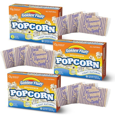 Golden Fluff Microwave Popcorn, Light Natural Flavour - Pack of 3 x 3 Bags Each (9 Popcorn Bags) (85g) - 50% Less Fat & Sodium, Kosher Pareve, Gluten Free Snacks - All Natural & Easy-to-Prepare Snack