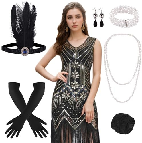 FEPITO Flapper-Kleider im Stil der 1920er Jahre für Damen, mit Fransen und Pailletten besetztes Great Gatsby-Kleid für Damen mit Accessoires im Stil der 20er Jahre(Black and Gold（Style 2）, Medium)