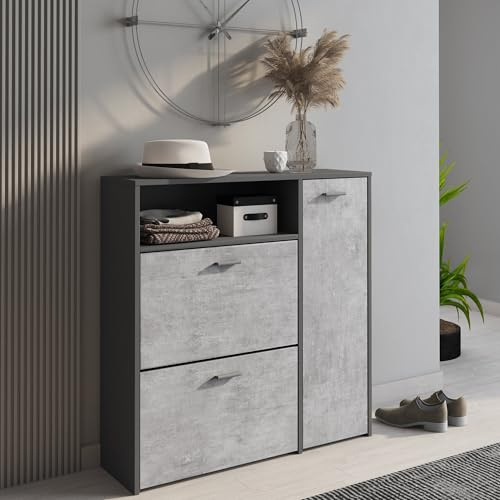 Dmora Scarpiera Moderna Con 3 Ante, Portascarpe Da Ingresso Per 24 Paia Di Scarpe, Ripiani Standard, Made In Italy, 91x27h94, Colore Antracite E Cemento