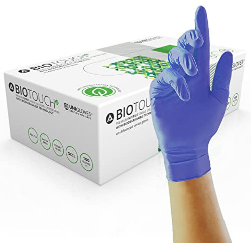 Unigloves BioTouch Nitrile Disposable Gloves - Biodegradable, Multipurpose, Medical Grade Examination Gloves - Box of 100 Gloves, Violet Blue, Large (GM0084)