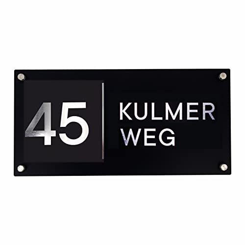 Sosenco Personalisiert Hausnummer aus Plexiglasscheibe und Laminat – 19x39 cm Hausnummerschild Plexiglas – Hausnummern Wetterfest Schilder - Acryl Schwarz (Silber)