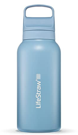 LifeStraw Go Serie - Isolierte Edelstahl-Trinkflasche mit Wasserfilter 1l für die Reise & jeden Tag - entfernt Bakterien, Parasiten, Mikroplastik + verbesserter Geschmack, Icelandic Blue (blau)