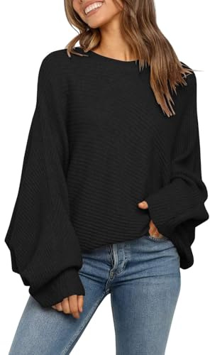 Fessceruna Jersey de Mujer Oversize Manga murciélago Jersey de Punto Jersey de Cuello Redondo para Invierno Sudadera Acanalada