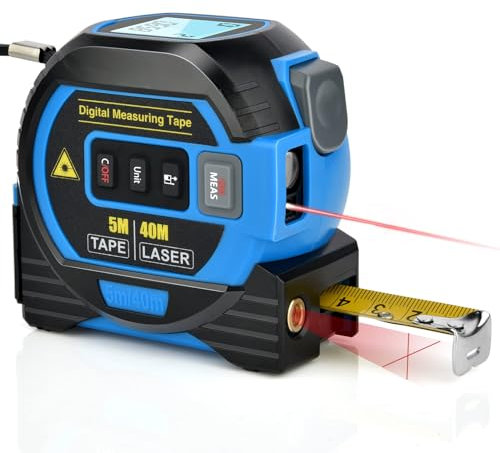 Fitdays Mètre à ruban laser 3 en 1 avec niveau de ligne transversale – Outil de mesure laser numérique de 40 m, écran LCD à nivellement automatique, unités entrée/pied/m | Ruban de 5 m et rechargeable