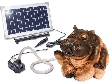 Esotec Solar Wasserspeier Set Nilpferd, Solarpumpe, Teichfigur Gartenfigur Gartenstatue, Tauchpumpe, Gartenbrunnen, Springbrunnen außen Outdoor, Vogeltränke H=26cm 101660