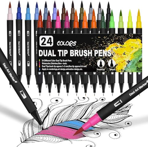 Dual Brush Pen Set, 24 Farben Doppelfasermaler Filzstifte, Wasserbasis Aquarellstifte für Aquarell Watercolo Bullet Journal Handlettering Kalligraphie Manga Malbücher, mit Fasermaler und Fineliner