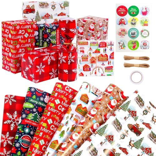 Niviy Geschenkpapier Weihnachte,6 Blatt Bunt Weihnachtspapier Set mit Aufklebern Klebeband Seil,Schneeflocke Weihnachtsmann Muster Geschenkpapier für Kinder Geburtstag Dekorationen 70x50CM