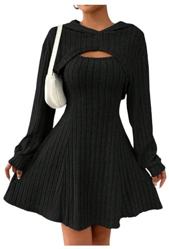 SweatyRocks Damen Strick Zweiteiler Tank Kleid Mit Pullover 2 Teiler Crop Hoodie Mit Kapuze A Linien Kleid Langarm Kleid Winter Schwarz S