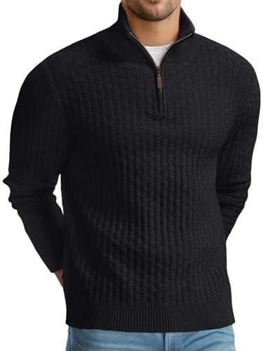 QIXING Troyer Herren Pullover mit Zopfmuster und Waffelmuster - Weicher Freizeit-Strickpullover mit 1/4-Reißverschluss und gerippten Kanten Pulli Herren (Schwarz, L)