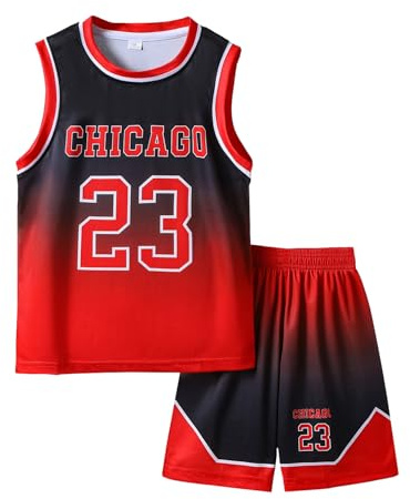 Basketball Jerseys 23# For Kids Youth Sports T-shirt Jersey Boys Girls Gradient Basketball Uniform Set 6-16Years RED-130
