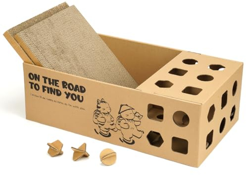 Cat Cardboard House with 2 PCS Scratching Pads，Large Cat Scratcher Bed with Detachable Corrugated Board (Rectangular Holes)