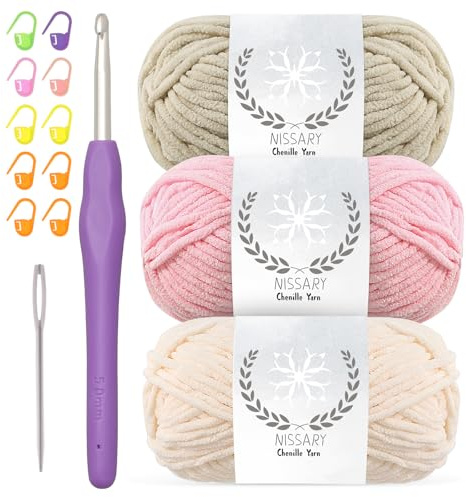 Chenille Yarn for Crochet - Soft Plush Velvet Yarn 3x50g with 5mm Hook,Thick Fluffy Wool for Crochet Blanket Making Chunky Wool -Ideal for Beginners (Khaki+Pink+Yellow)