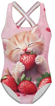 Jeiento Traje de baño de una pieza para niñas, diseño de gato, cómodo, elástico, para playa, surf, deportes acuáticos, Fresa dulce y gato, 5-6 años