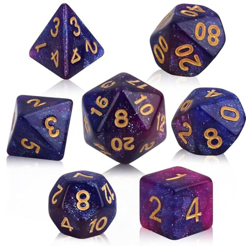 Vakler 7PCS DND Dice Set, Resin Polyhedral Dice (Blue Mix Purple) | Nebula Dice Board Playing for Dungeons and Dragons RPG MTG Table Games Tarot D&D D20 D12 D10 D8 D6 D4