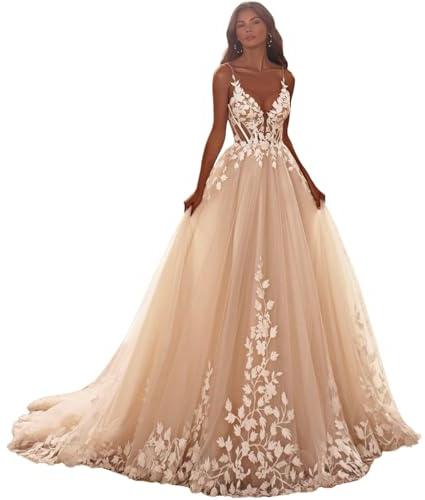 Élégante robe de mariée en tulle nude, robe à bretelles spaghetti avec appliques en dentelle florale, champagne, 46