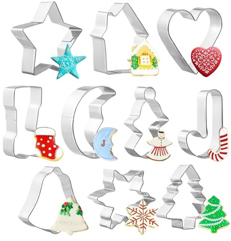 Simpeak 10 PC Christmas Cookie Cutters Set - Stainless Steel Christmas Tree, Stocking, Bells, Snowflakes, Biscuit Cutters for Xmas Baking Party Supply