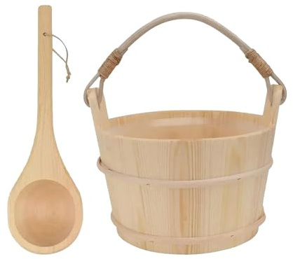 Guangcailun Accessori per sauna fatti a mano, vasche in legno e mestolo, resistenti e facili da trasportare, accessori per sauna con cucchiaio in legno, secchio e mestolo, set da bagno fatto a mano